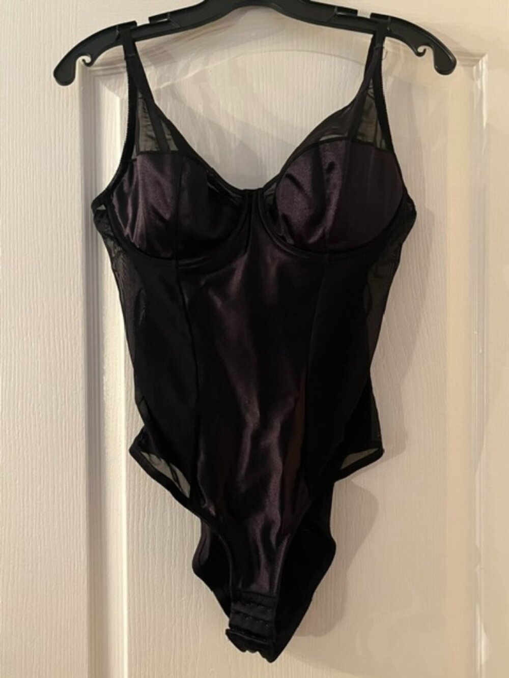 Frederick’s of Hollywood Black Satin & Mesh Bodysuit – Size 38D
